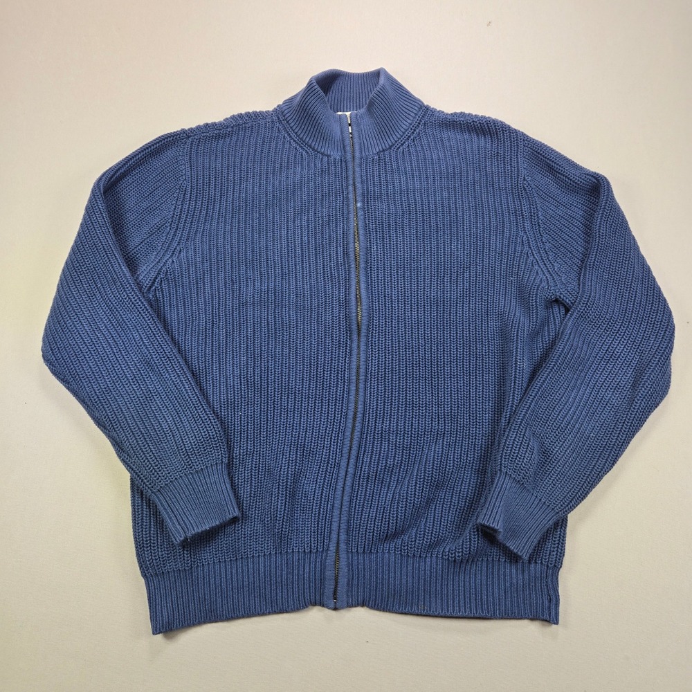 LL Bean Cardigan Sweater Full Zip Shaker Knit Mock Neck Blue Mens Large L-REG